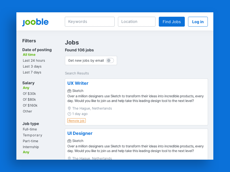 Макет шаблона поиска работы Jooble