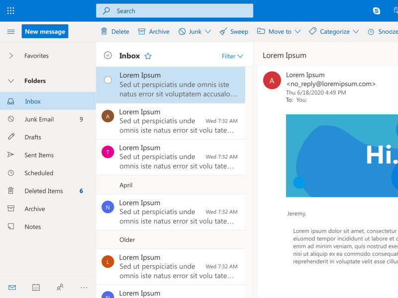 Макет пользовательского интерфейса Outlook Mail